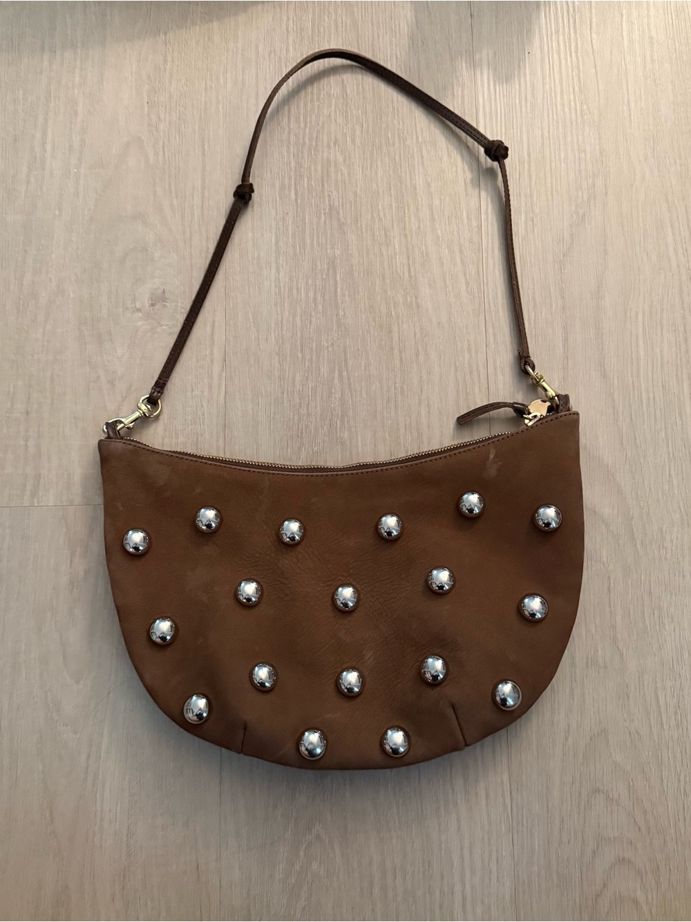 Clare V Lune Studded Brown Leather Shoulder Bag Silver Studs - Picture 5 of 11